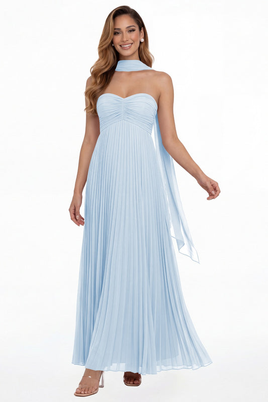 Baby Blue Strapless Scarf Chiffon Pleated Maxi Gown - Front View