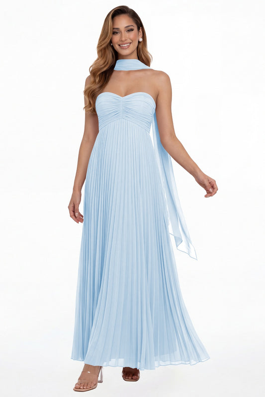 Baby Blue Strapless Scarf Chiffon Pleated Maxi Gown - Front View