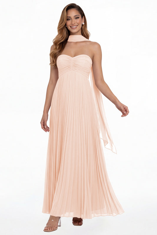 Blush Pink Strapless Scarf Chiffon Pleated Maxi Gown - Front View