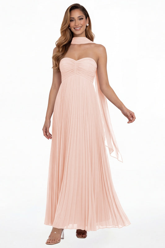 Blush Pink Strapless Scarf Chiffon Pleated Maxi Gown - Front View