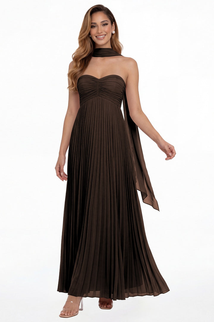 Brown Strapless Scarf Chiffon Pleated Maxi Gown - Front View