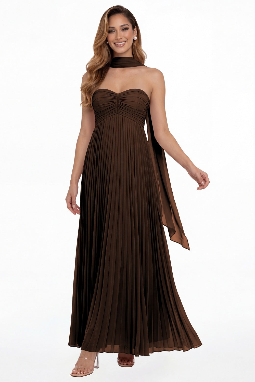Brown Strapless Scarf Chiffon Pleated Maxi Gown - Front View