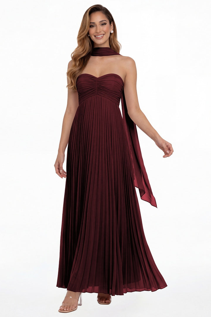Burgundy Strapless Scarf Chiffon Pleated Maxi Gown - Front View