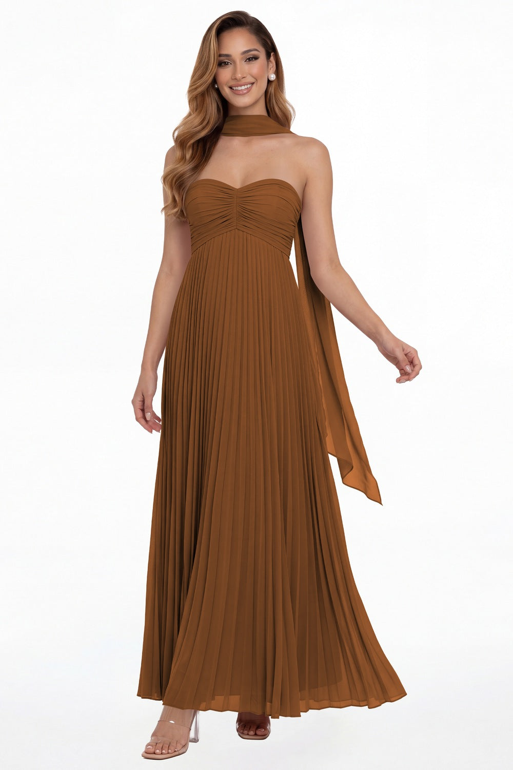 Burnt Orange Strapless Scarf Chiffon Pleated Maxi Gown - Front View