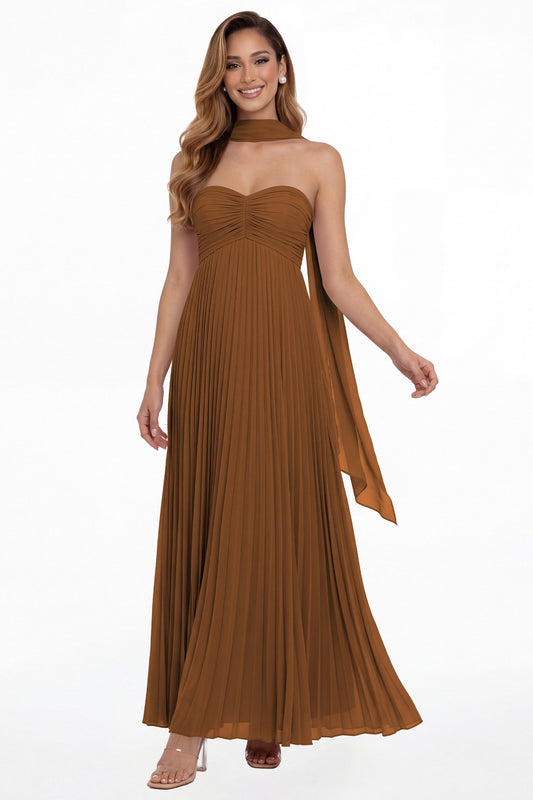 Burnt Orange Strapless Scarf Chiffon Pleated Maxi Gown - Front View