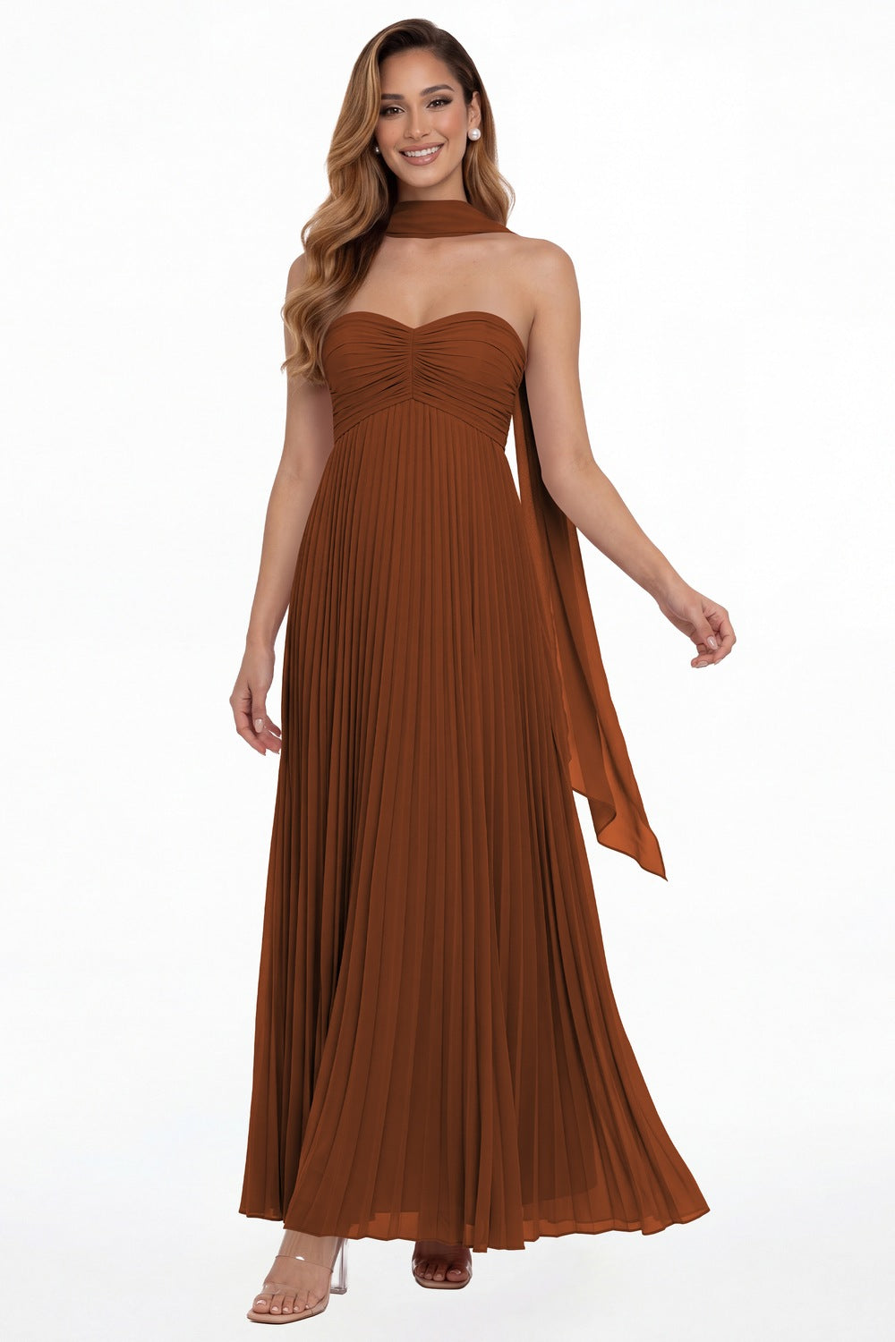 Burnt Orange Strapless Scarf Chiffon Pleated Maxi Gown - Front View