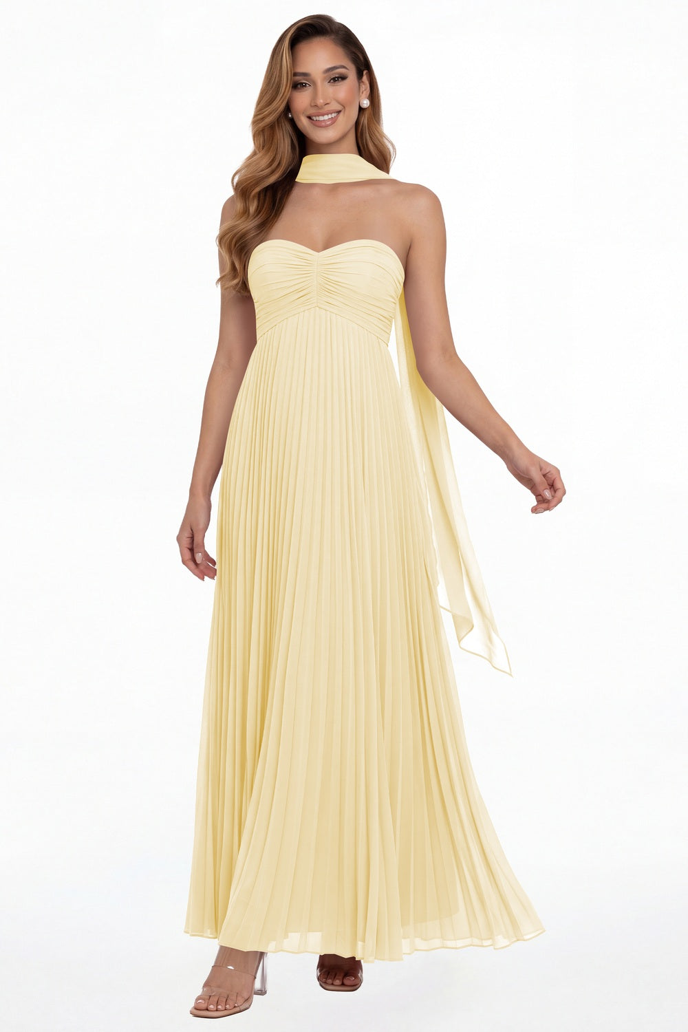 Butter Yellow Strapless Scarf Chiffon Pleated Maxi Gown - Front View
