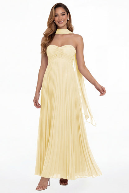 Butter Yellow Strapless Scarf Chiffon Pleated Maxi Gown - Front View