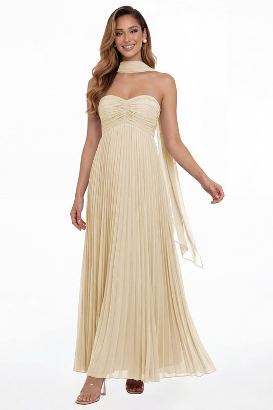 Champagne Strapless Scarf Chiffon Pleated Maxi Gown - Front View