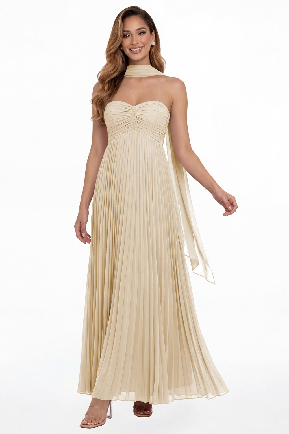 Champagne Strapless Scarf Chiffon Pleated Maxi Gown - Front View