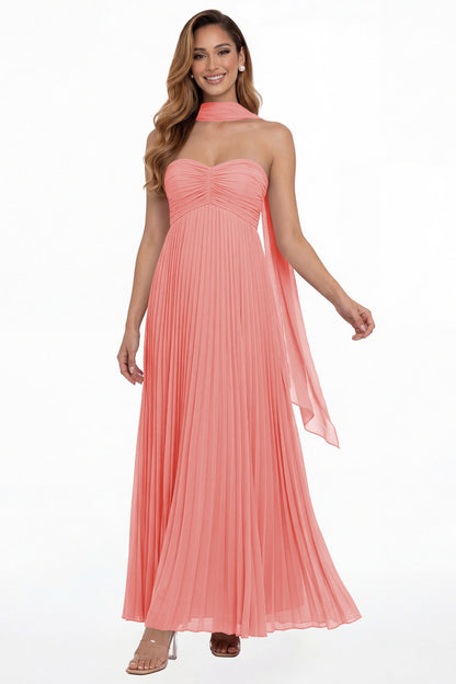 Coral Strapless Scarf Chiffon Pleated Maxi Gown - Front View