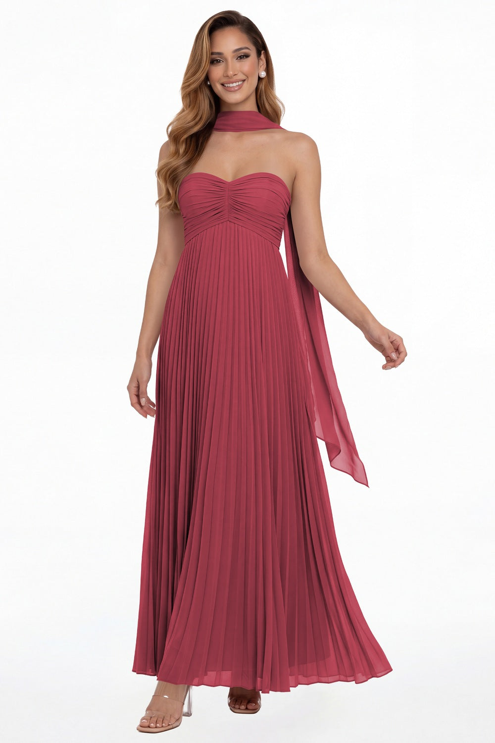 Desert Rose Strapless Scarf Chiffon Pleated Maxi Gown - Front View