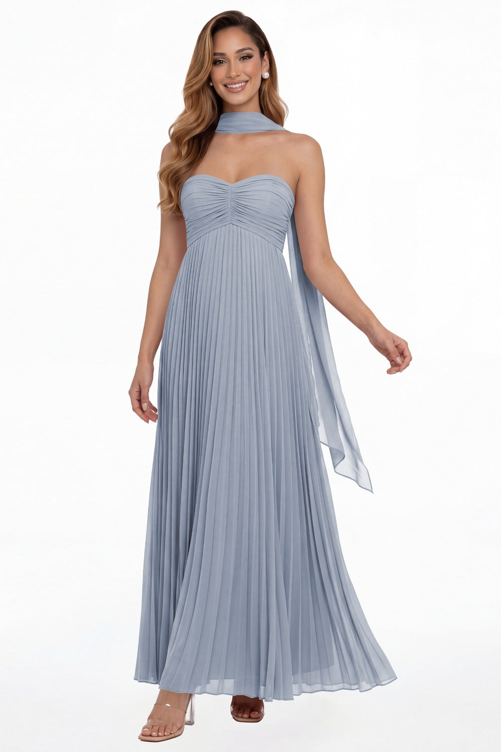 Dusty Blue Strapless Scarf Chiffon Pleated Maxi Gown - Front View