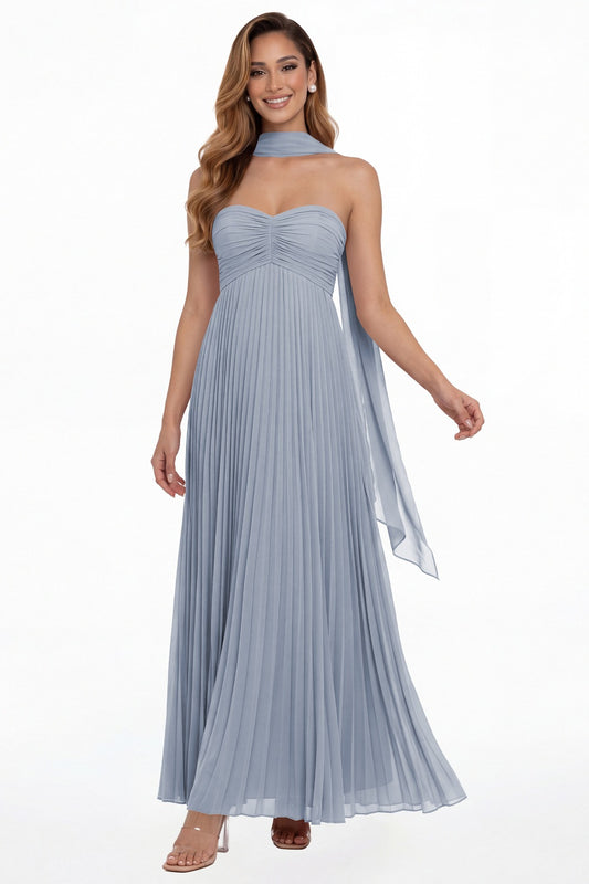 Dusty Blue Strapless Scarf Chiffon Pleated Maxi Gown - Front View