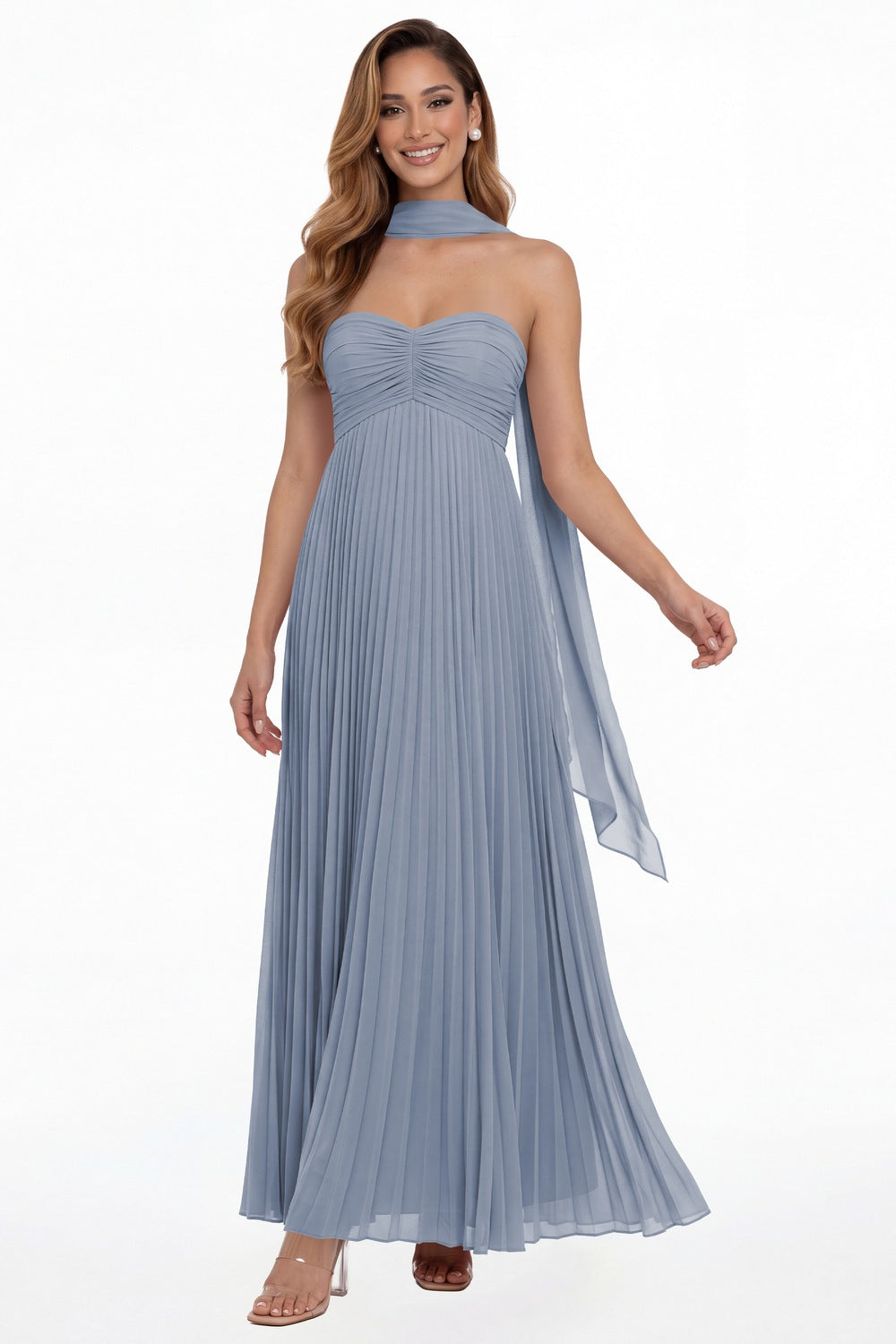Dusty Blue Strapless Scarf Chiffon Pleated Maxi Gown - Front View