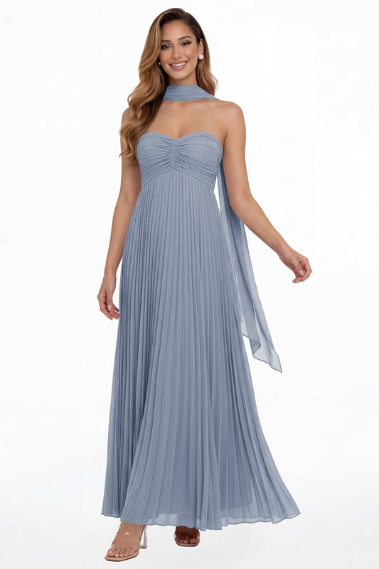 Dusty Blue Strapless Scarf Chiffon Pleated Maxi Gown - Front View