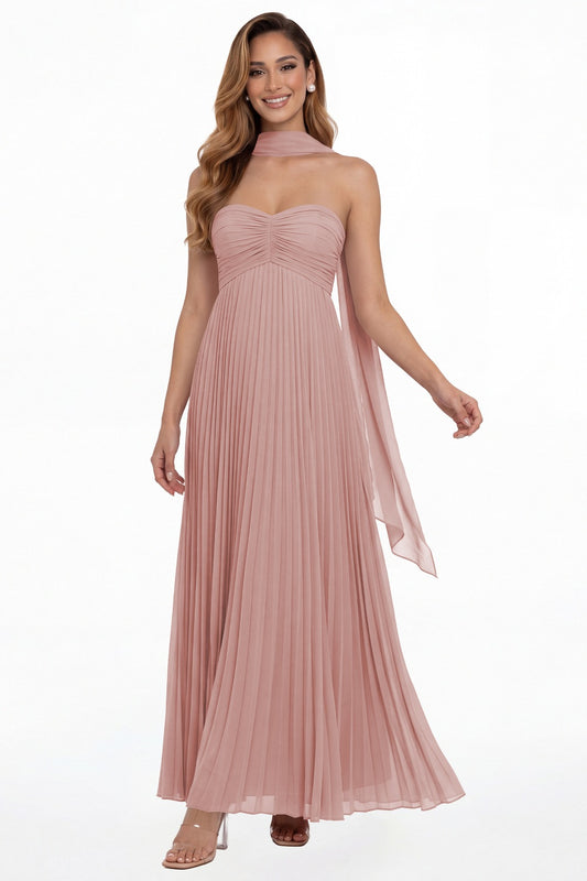 Dusty Rose Strapless Scarf Chiffon Pleated Maxi Gown - Front View