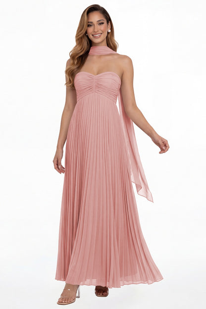 Dusty Rose Strapless Scarf Chiffon Pleated Maxi Gown - Front View