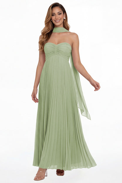 Dusty Sage Strapless Scarf Chiffon Pleated Maxi Gown - Front View