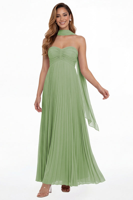 Dusty Sage Strapless Scarf Chiffon Pleated Maxi Gown - Front View