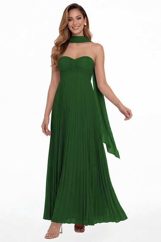 Emerald Green Strapless Scarf Chiffon Pleated Maxi Gown - Front View