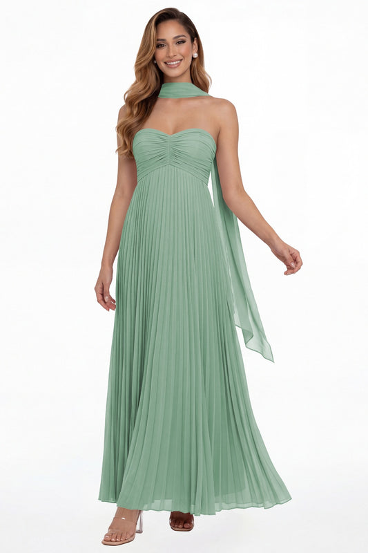 Eucalyptus Strapless Scarf Chiffon Pleated Maxi Gown - Front View