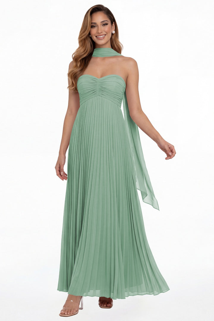 Eucalyptus Strapless Scarf Chiffon Pleated Maxi Gown - Front View
