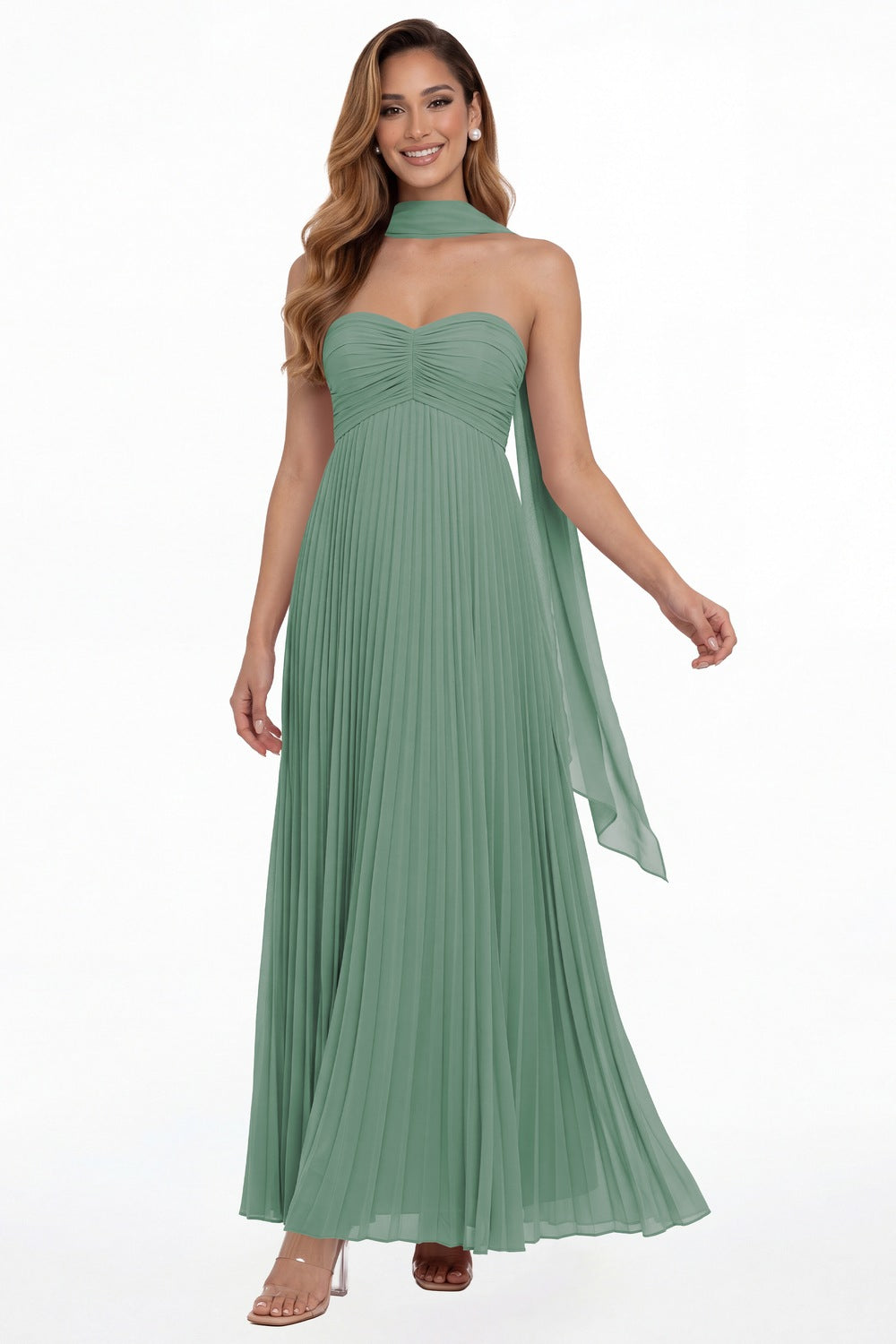 Eucalyptus Strapless Scarf Chiffon Pleated Maxi Gown - Front View