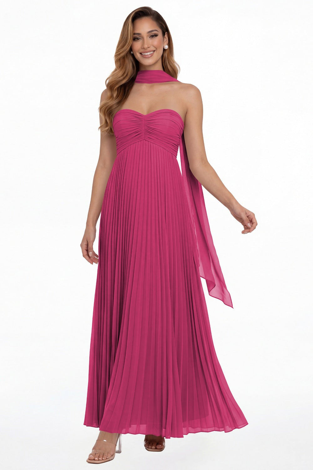 Fuchsia Strapless Scarf Chiffon Pleated Maxi Gown - Front View