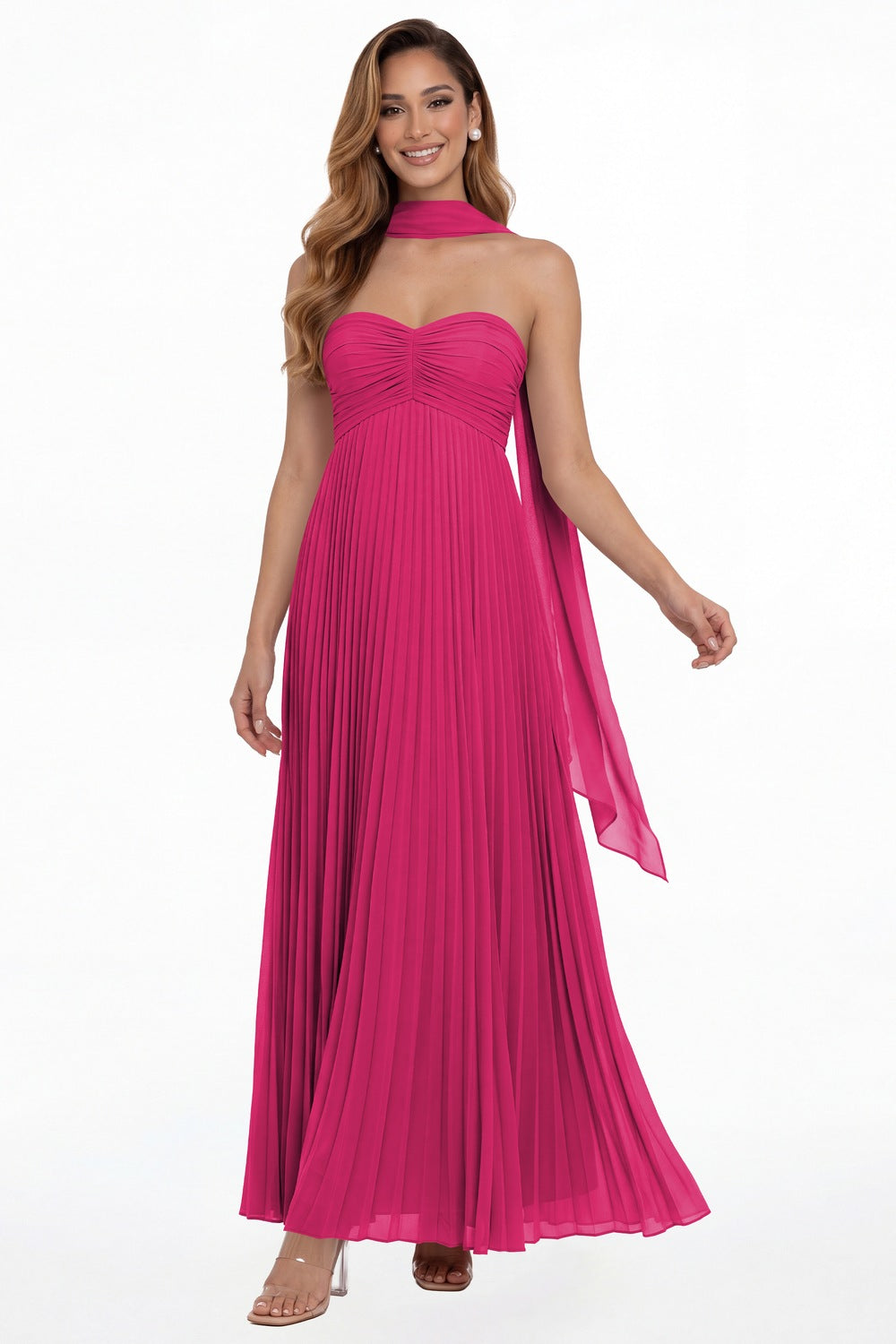 Fuchsia Strapless Scarf Chiffon Pleated Maxi Gown - Front View