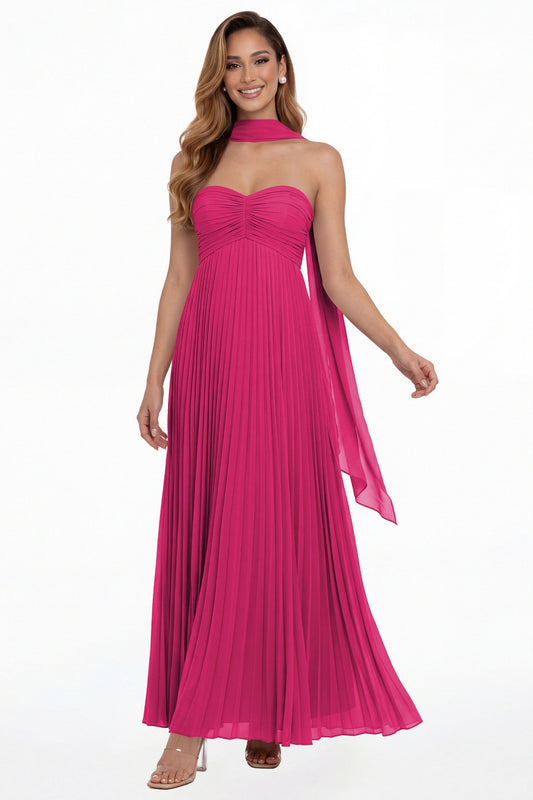 Fuchsia Strapless Scarf Chiffon Pleated Maxi Gown - Front View