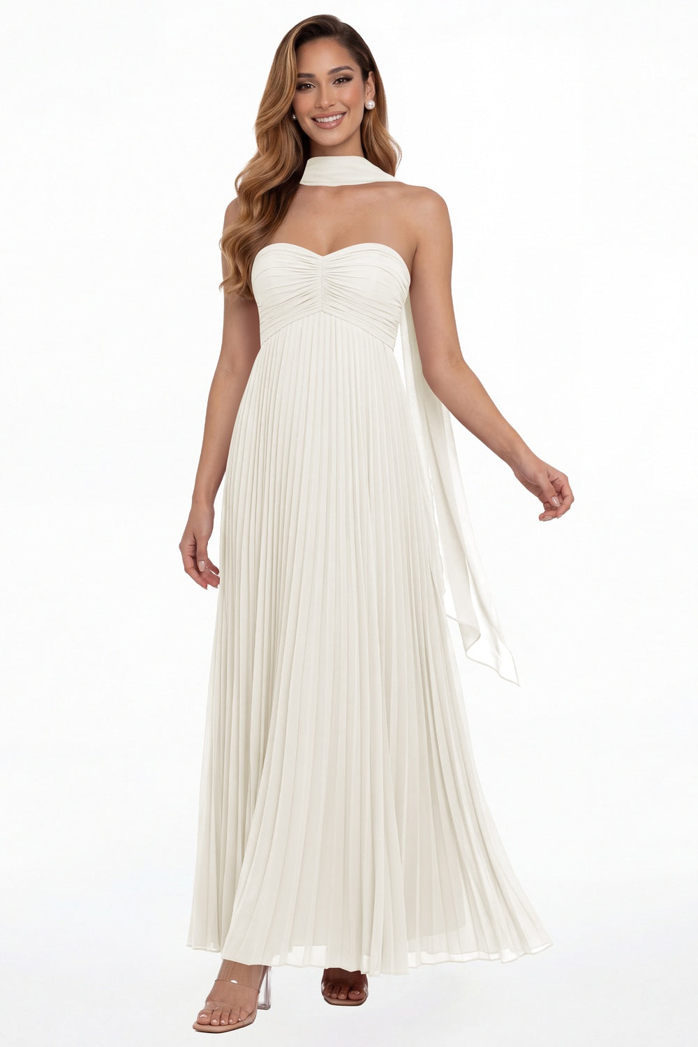 Ivory Strapless Scarf Chiffon Pleated Maxi Gown - Front View