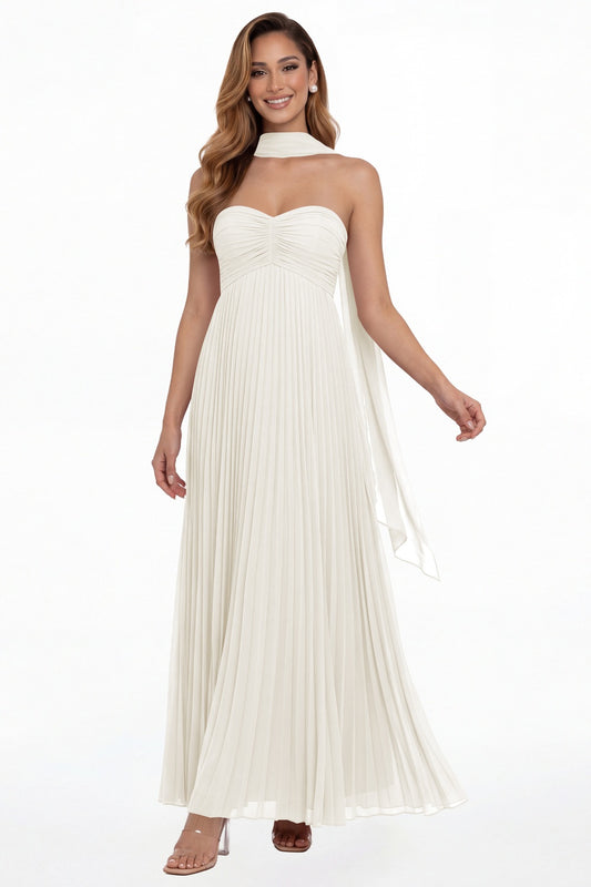 Ivory Strapless Scarf Chiffon Pleated Maxi Gown - Front View