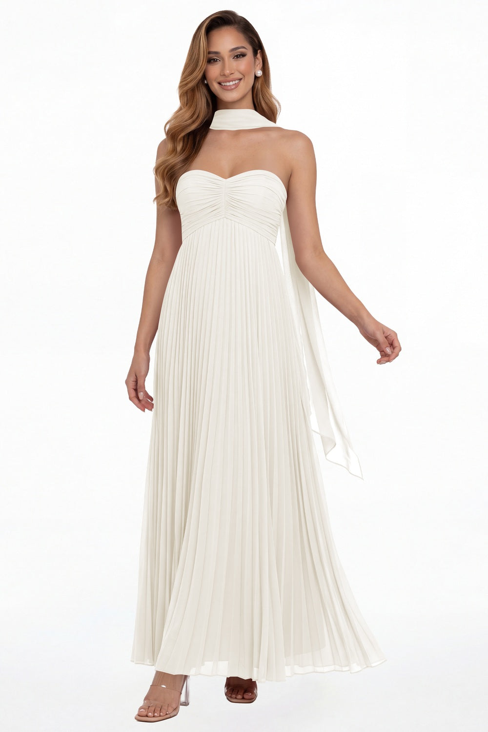 Ivory Strapless Scarf Chiffon Pleated Maxi Gown - Front View