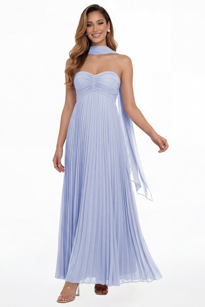 Lavender Strapless Scarf Chiffon Pleated Maxi Gown - Front View