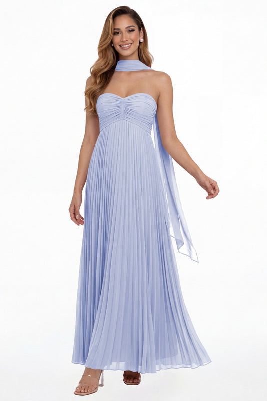 Lavender Strapless Scarf Chiffon Pleated Maxi Gown - Front View