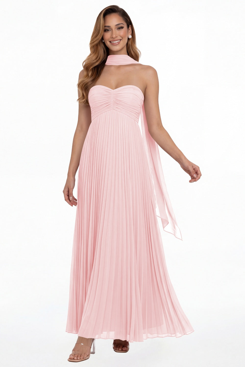 Light Pink Strapless Scarf Chiffon Pleated Maxi Gown - Front View