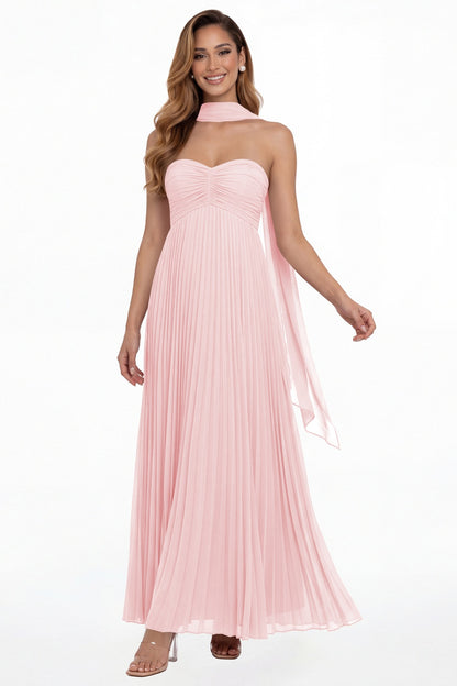 Light Pink Strapless Scarf Chiffon Pleated Maxi Gown - Front View