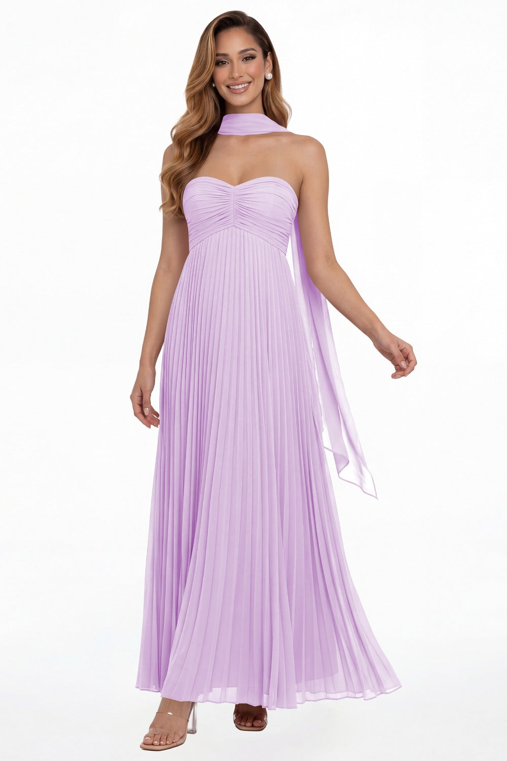 Lilac Strapless Scarf Chiffon Pleated Maxi Gown - Front View