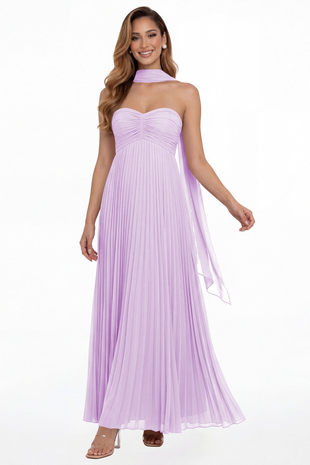 Lilac Strapless Scarf Chiffon Pleated Maxi Gown - Front View
