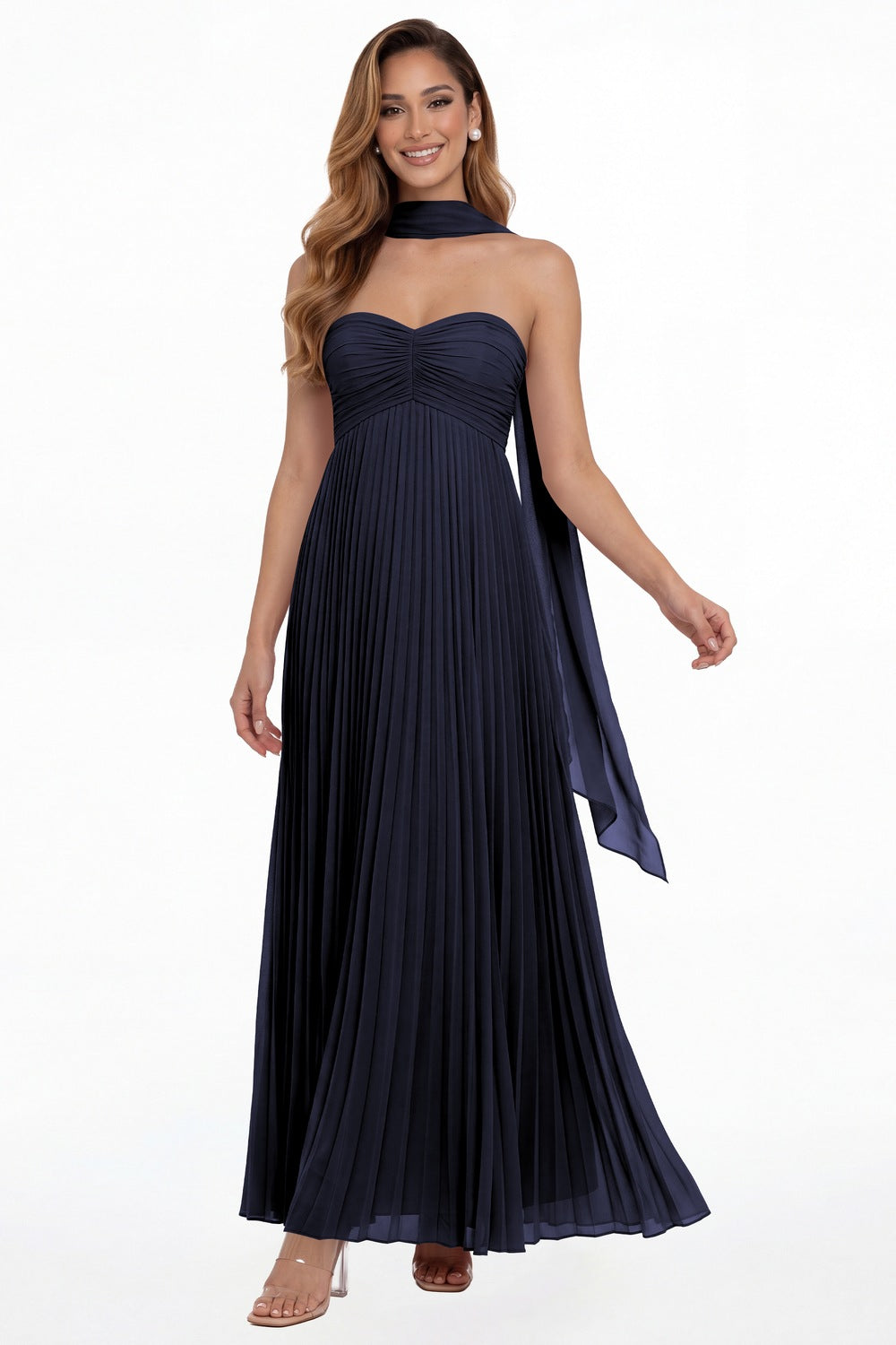 Navy Blue Strapless Scarf Chiffon Pleated Maxi Gown - Front View