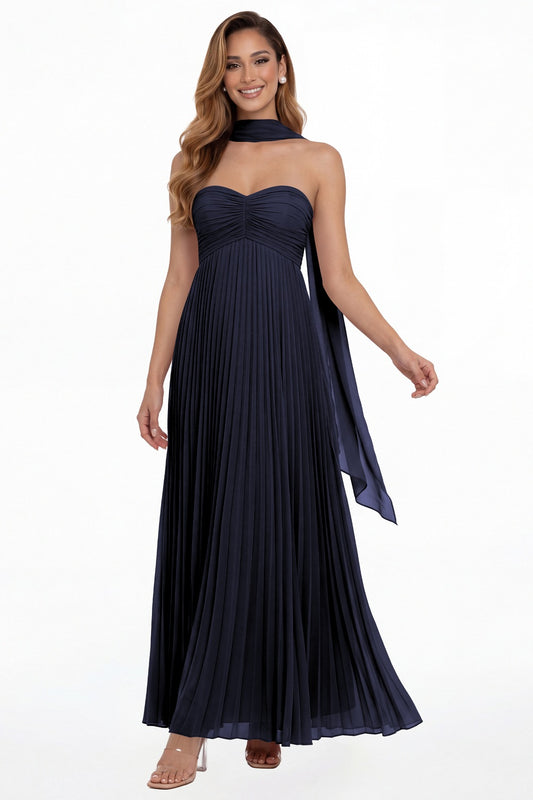 Navy Blue Strapless Scarf Chiffon Pleated Maxi Gown - Front View