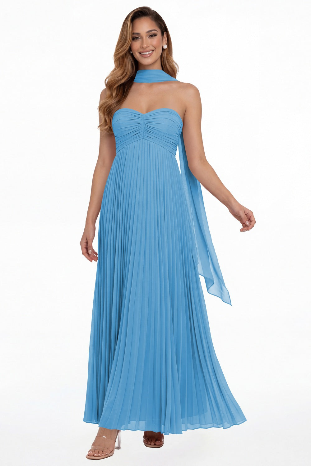Ocean Blue Strapless Scarf Chiffon Pleated Maxi Gown - Front View