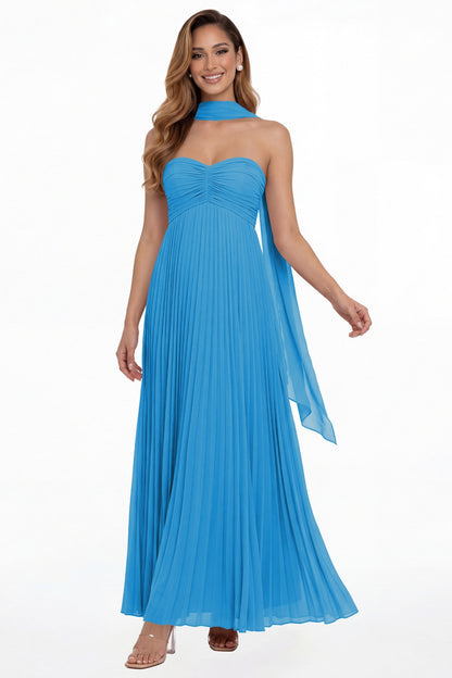 Ocean Blue Strapless Scarf Chiffon Pleated Maxi Gown - Front View