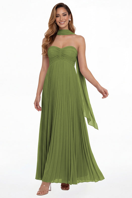 Olive Green Strapless Scarf Chiffon Pleated Maxi Gown - Front View
