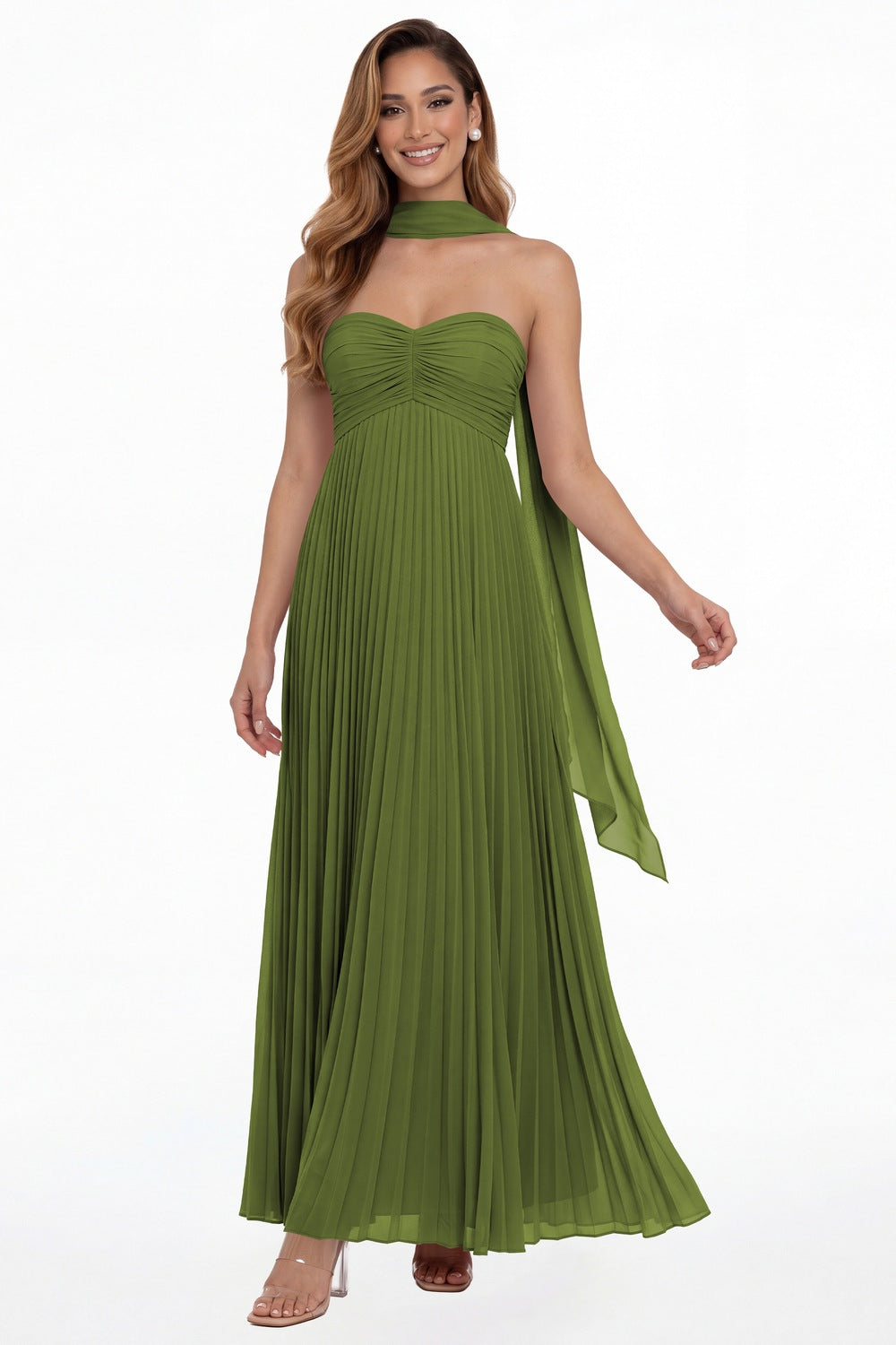 Olive Green Strapless Scarf Chiffon Pleated Maxi Gown - Front View
