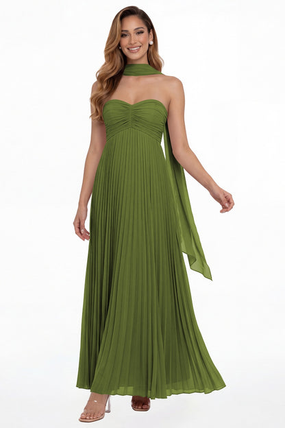 Olive Green Strapless Scarf Chiffon Pleated Maxi Gown - Front View