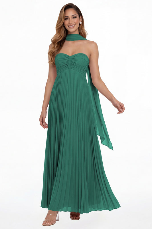 Peacock Strapless Scarf Chiffon Pleated Maxi Gown - Front View
