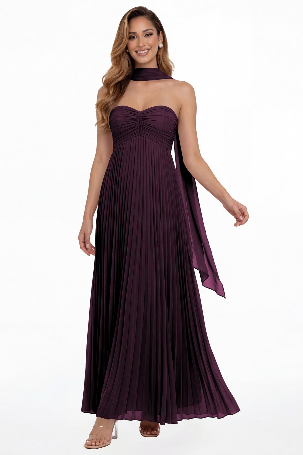 Plum Strapless Scarf Chiffon Pleated Maxi Gown - Front View