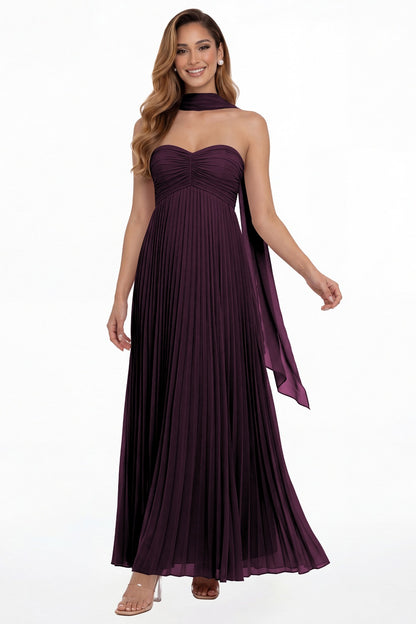Plum Strapless Scarf Chiffon Pleated Maxi Gown - Front View
